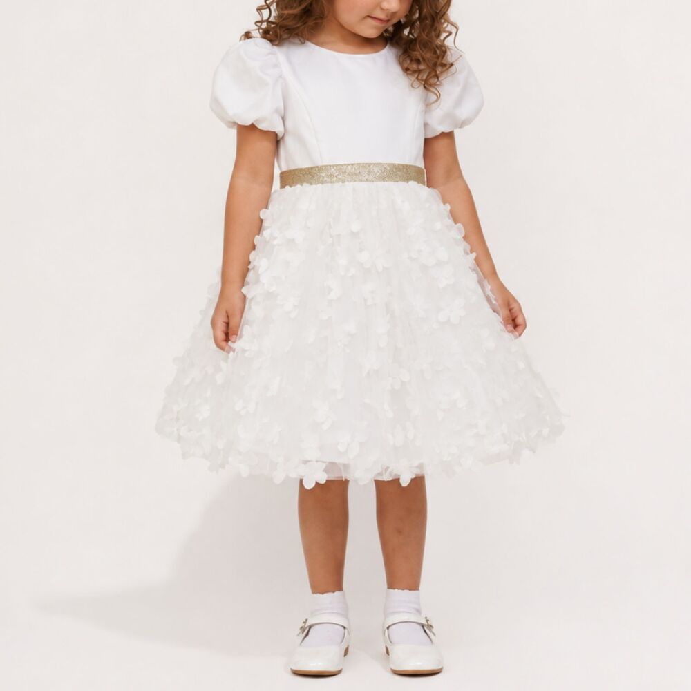 Btween Girls Dress Size 8 White Puff Sleeve Tutu 3D Floral Applique Gold Waist